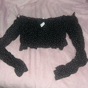 Urban Outfitters Black Mesh Long Sleeve Top Polka Dot Black Stretch Size Medium